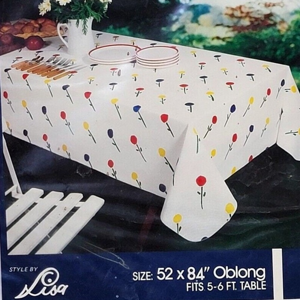 Style by Lisa Vintage Vinyl Tablecloth 52x84 Oblong Floral White Red Blue Yellow